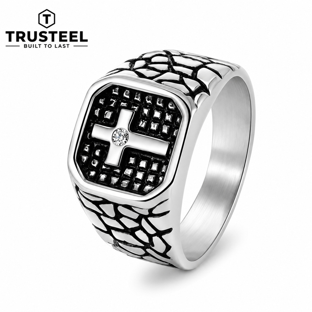 316L Stainless Steel Cross Ring CZ Christian Men’s Signet Ring Silver size 12